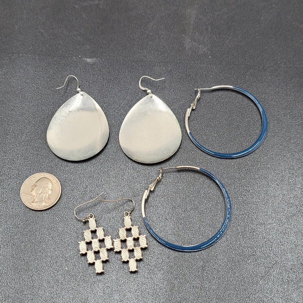 Lot of 3 Pierced Earrings Silver tone Blue Hoops Dangle