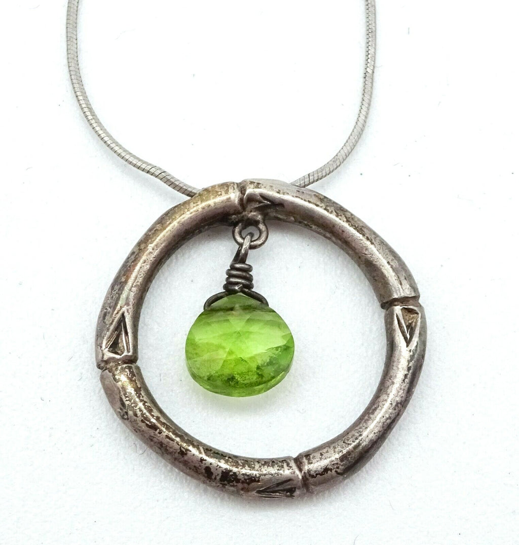Sterling Silver Green Stone Pendant Necklace Snake Chain 16" - 18"