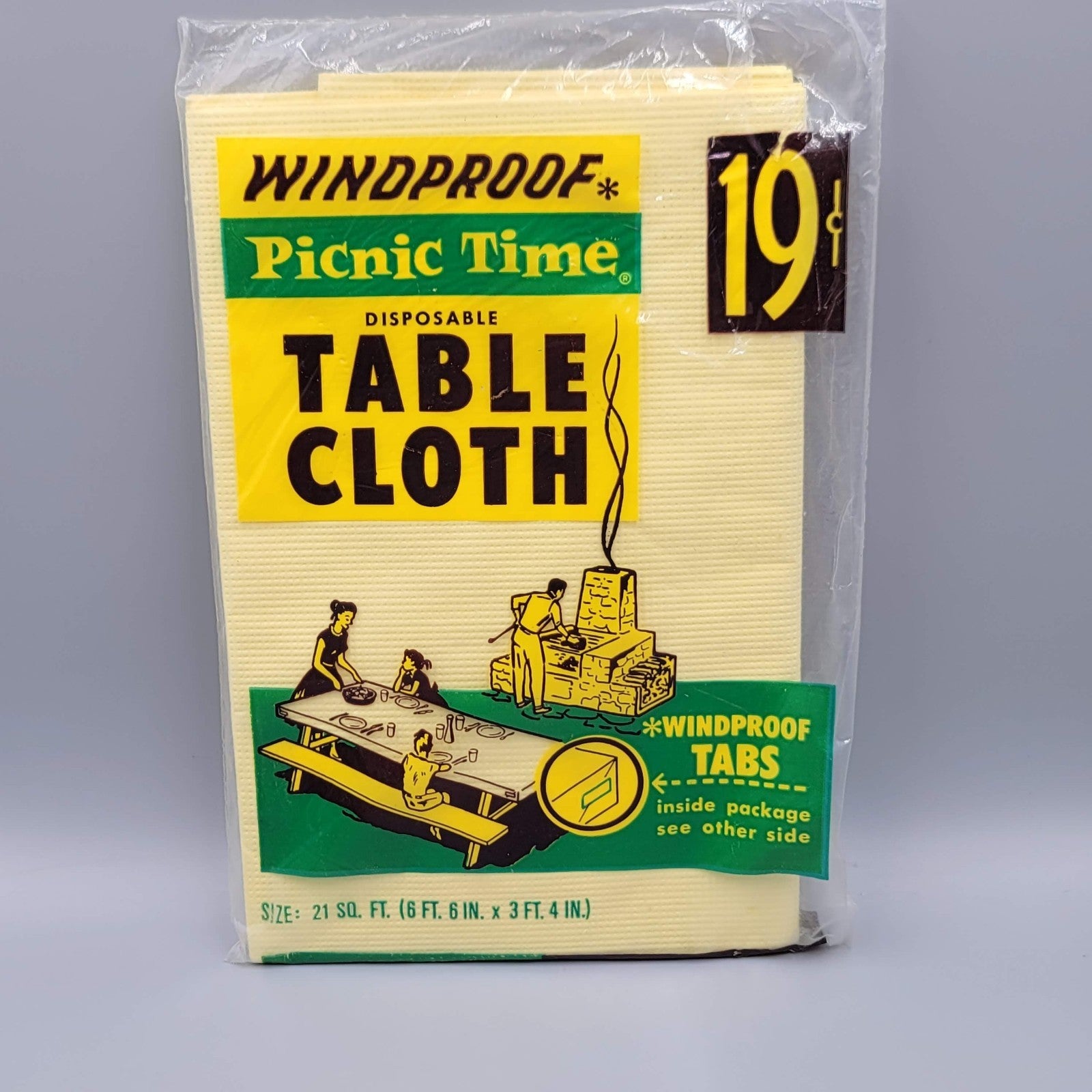 Vintage Yellow Windproof Picnic Time Disposable Table Cloth 6'.6"x3'.4" NIP Prop