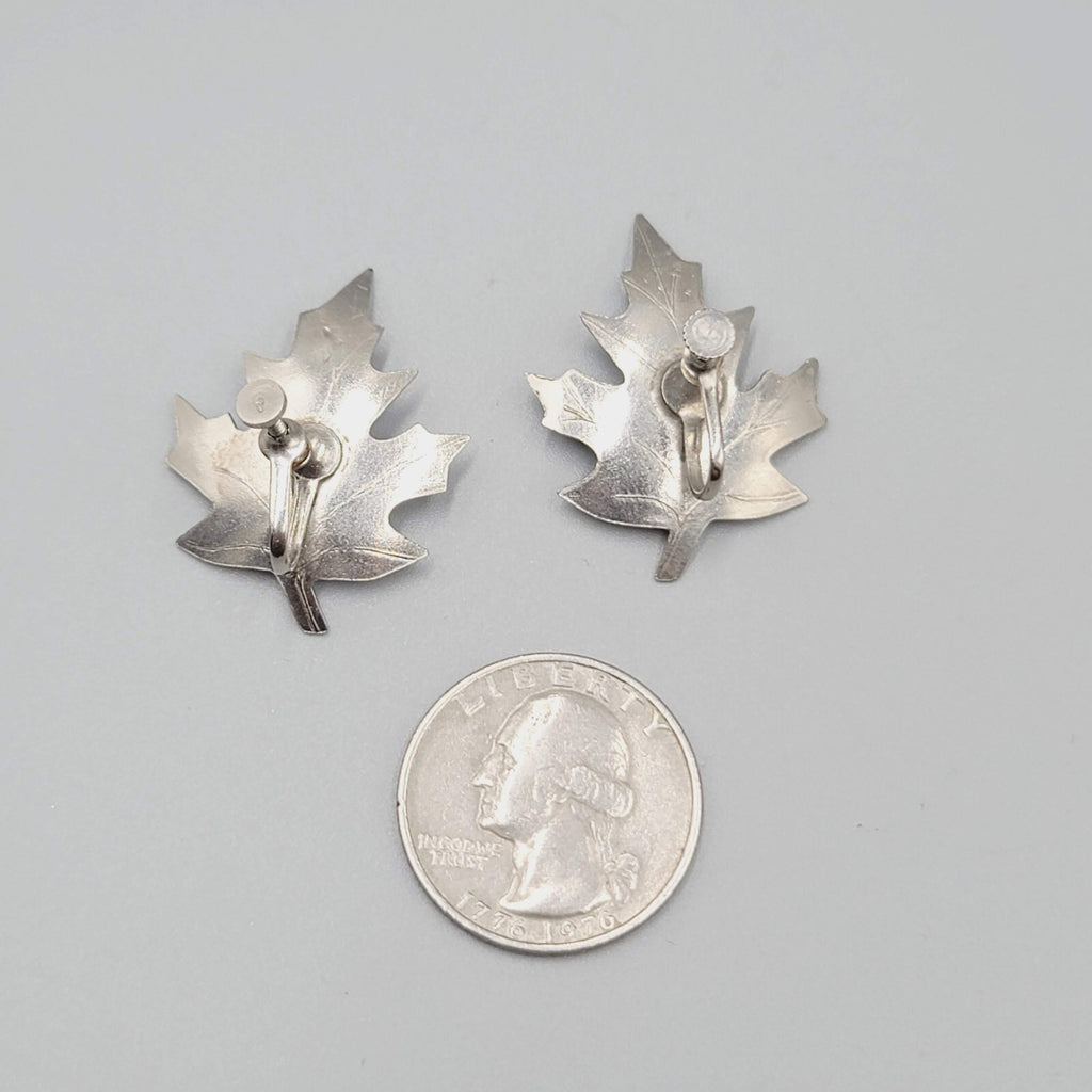Vintage Clip on Earrings Silver tone Leaf Screw Back 1.25"
