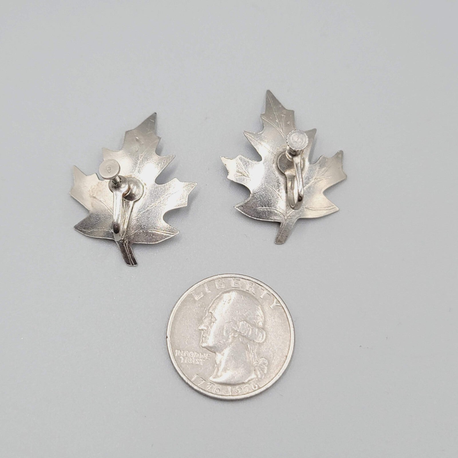 Vintage Clip on Earrings Silver tone Leaf Screw Back 1.25"
