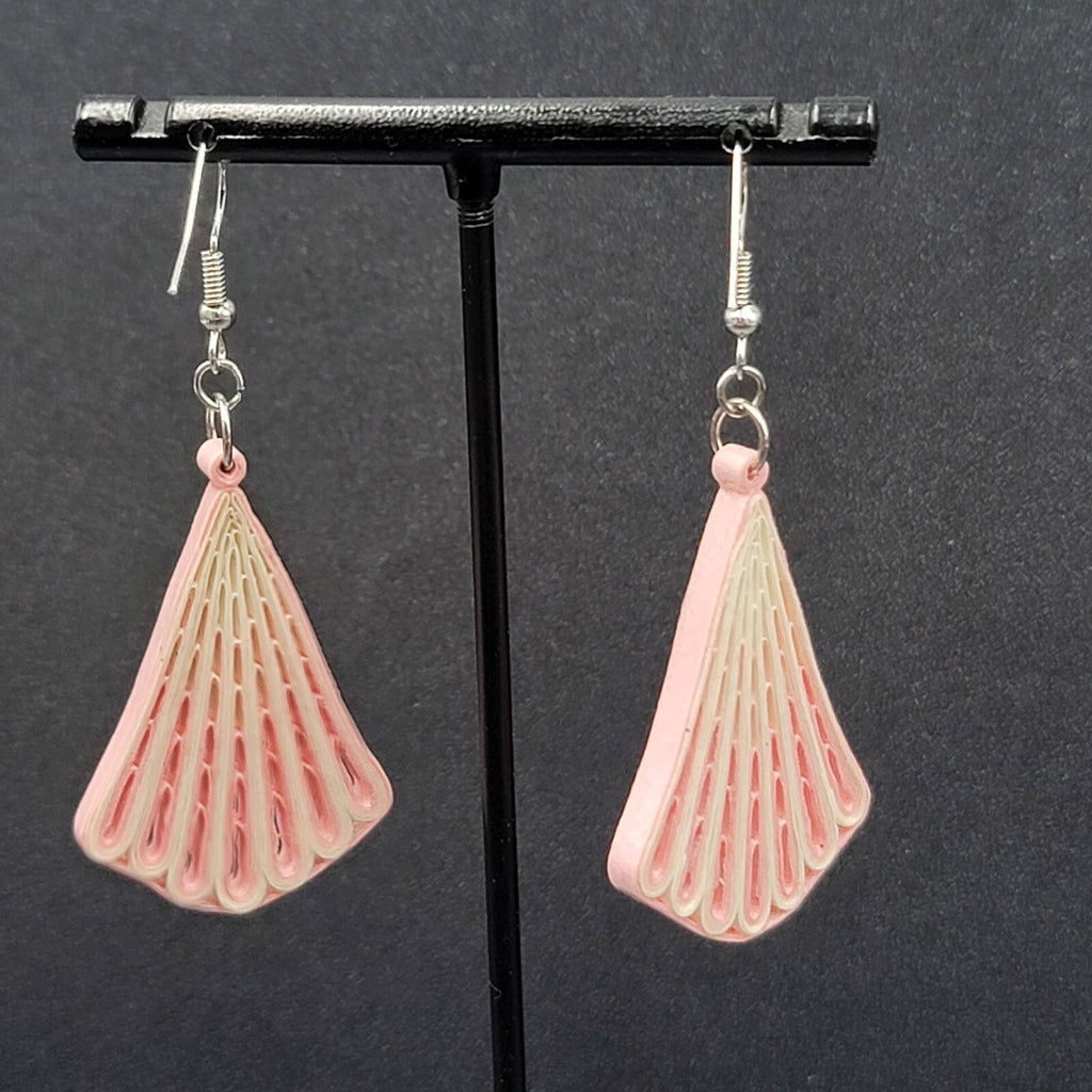 Vintage Pierced Earrings Paper Quilled Pink White Dangle Hand Made 2"