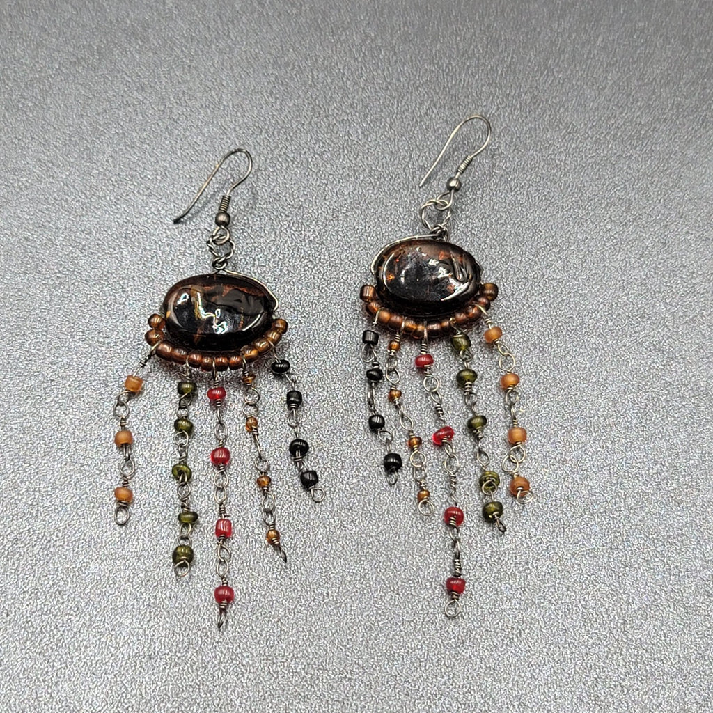 Boho Pierced Earrings Multi color Glass Beads Unusual Dangle Chains 2.75"