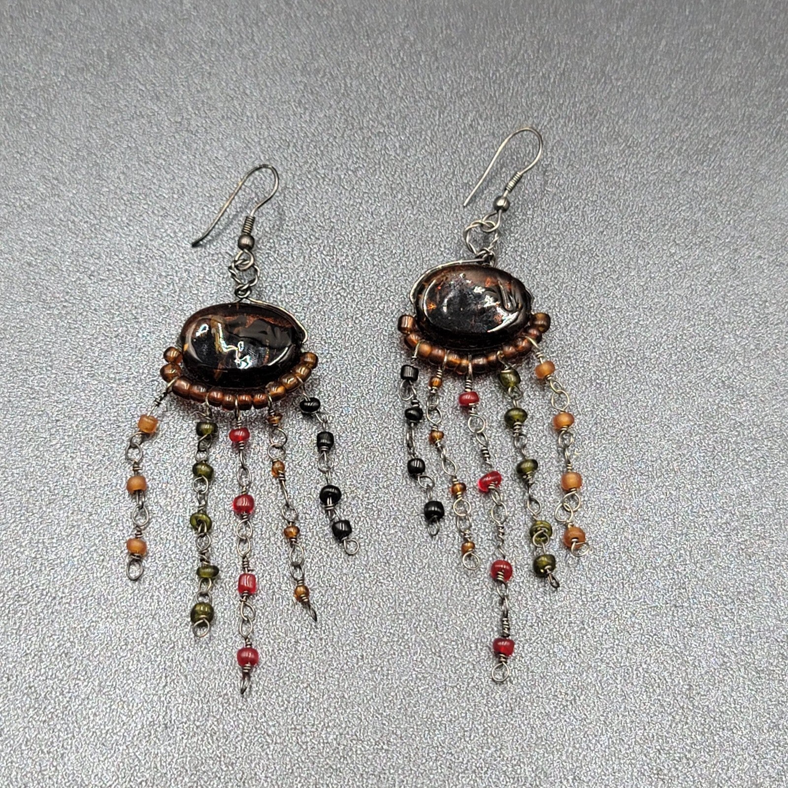 Boho Pierced Earrings Multi color Glass Beads Unusual Dangle Chains 2.75"