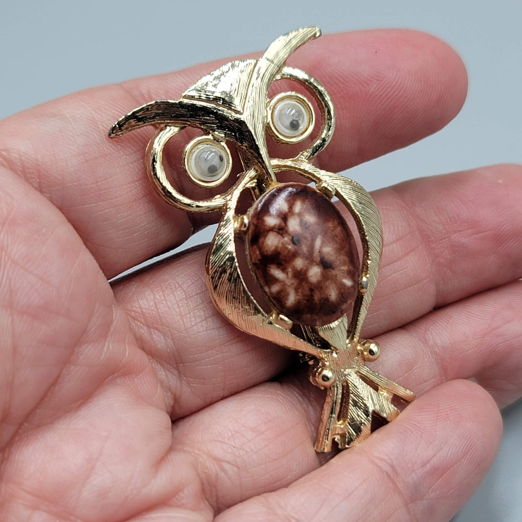Vintage Owl Brooch Belly With Google Eyes Pin Gold tone 2"