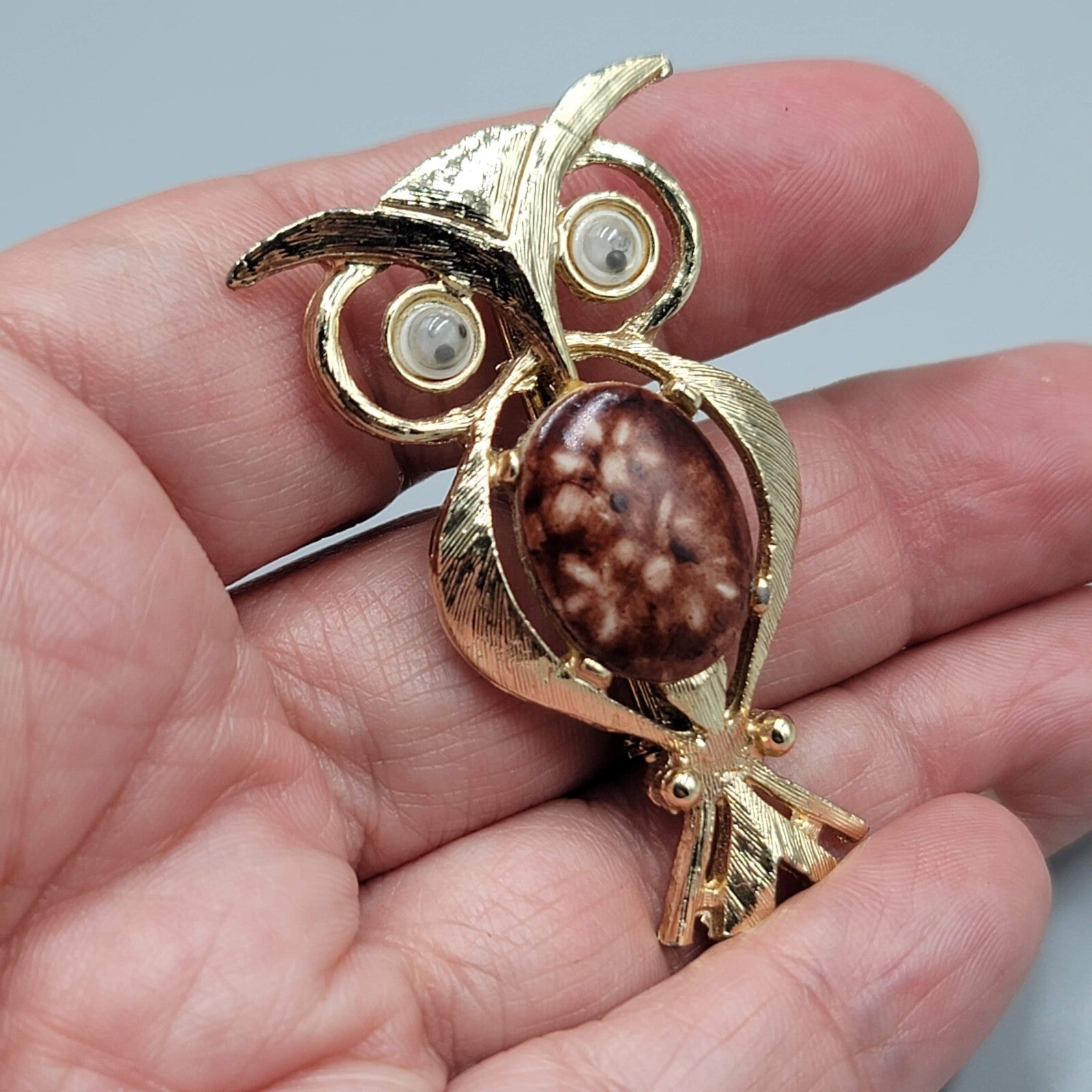 Vintage Owl Brooch Belly With Google Eyes Pin Gold tone 2"