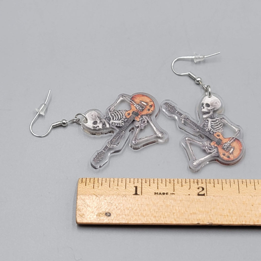 Halloween Skeleton Electric Guitar Pierced Earrings Silver tone Dangle 1.5 in