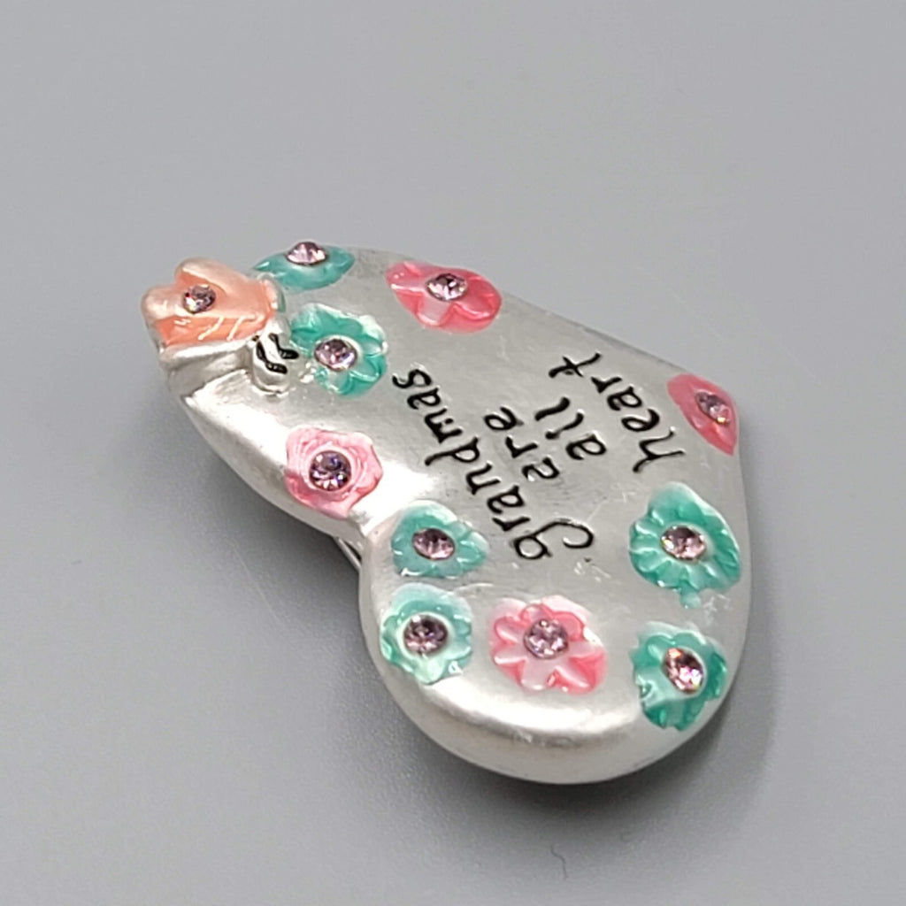 Grandmas are all Heart Brooch Silver tone Enamel Flowers Rhinestones 1.5"w
