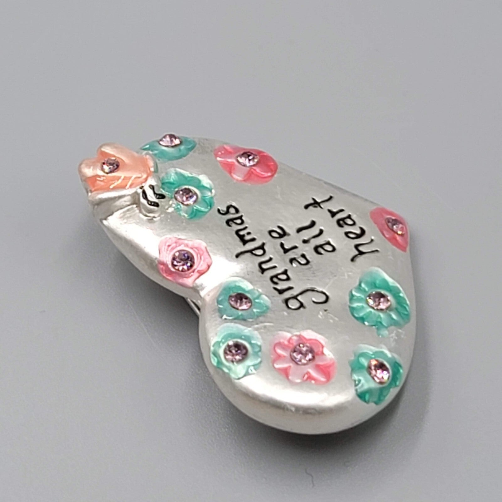 Grandmas are all Heart Brooch Silver tone Enamel Flowers Rhinestones 1.5"w