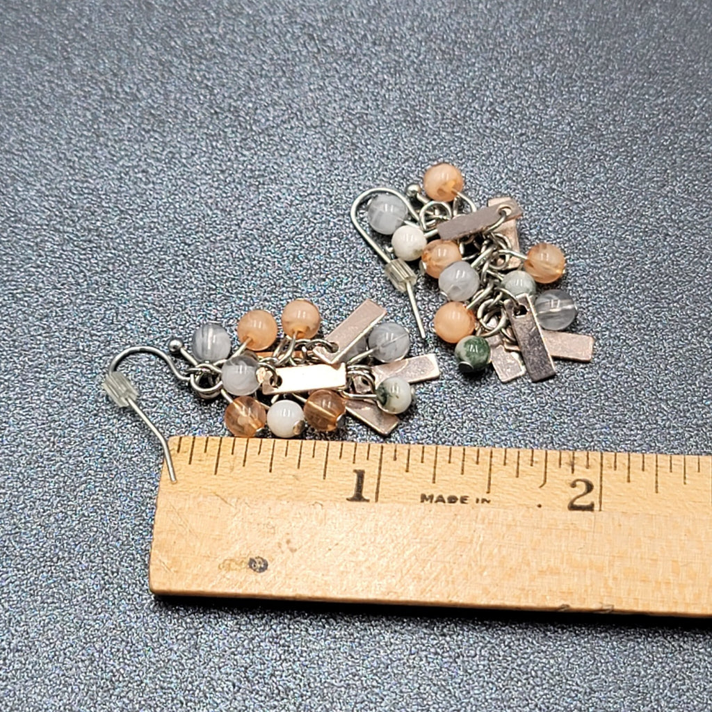 Pierced Earrings Silver tone Peach Gray Green Dangle Beads 1.25"