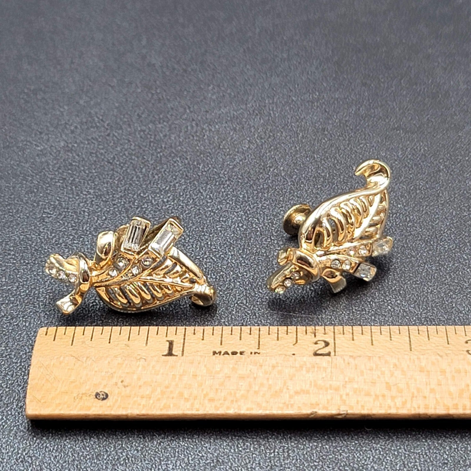 Vintage Clip on Earrings Gold tone Rhinestone Leaf Design Drop Screw Back 1.25"