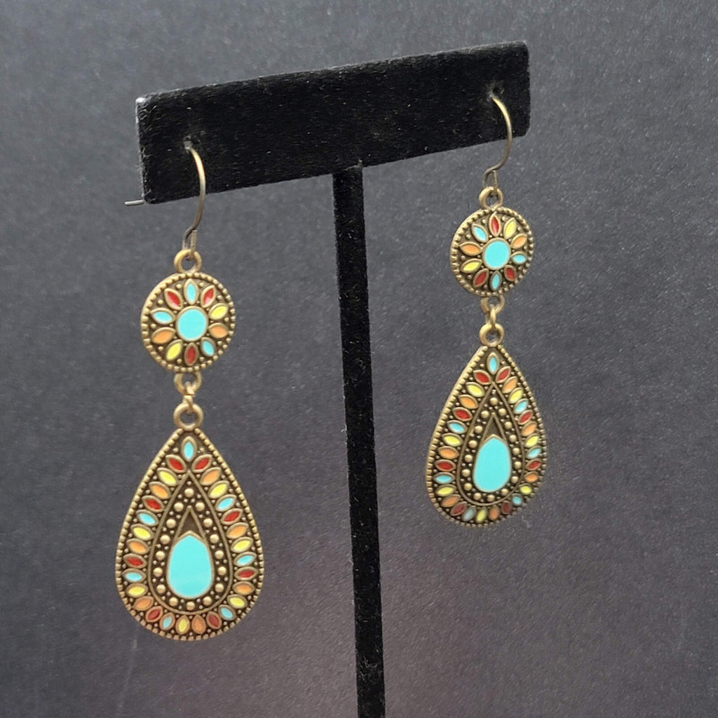 New Boho Pierced Earrings Multicolor Enamel Round Teardrop Blue Dangle 2.25"