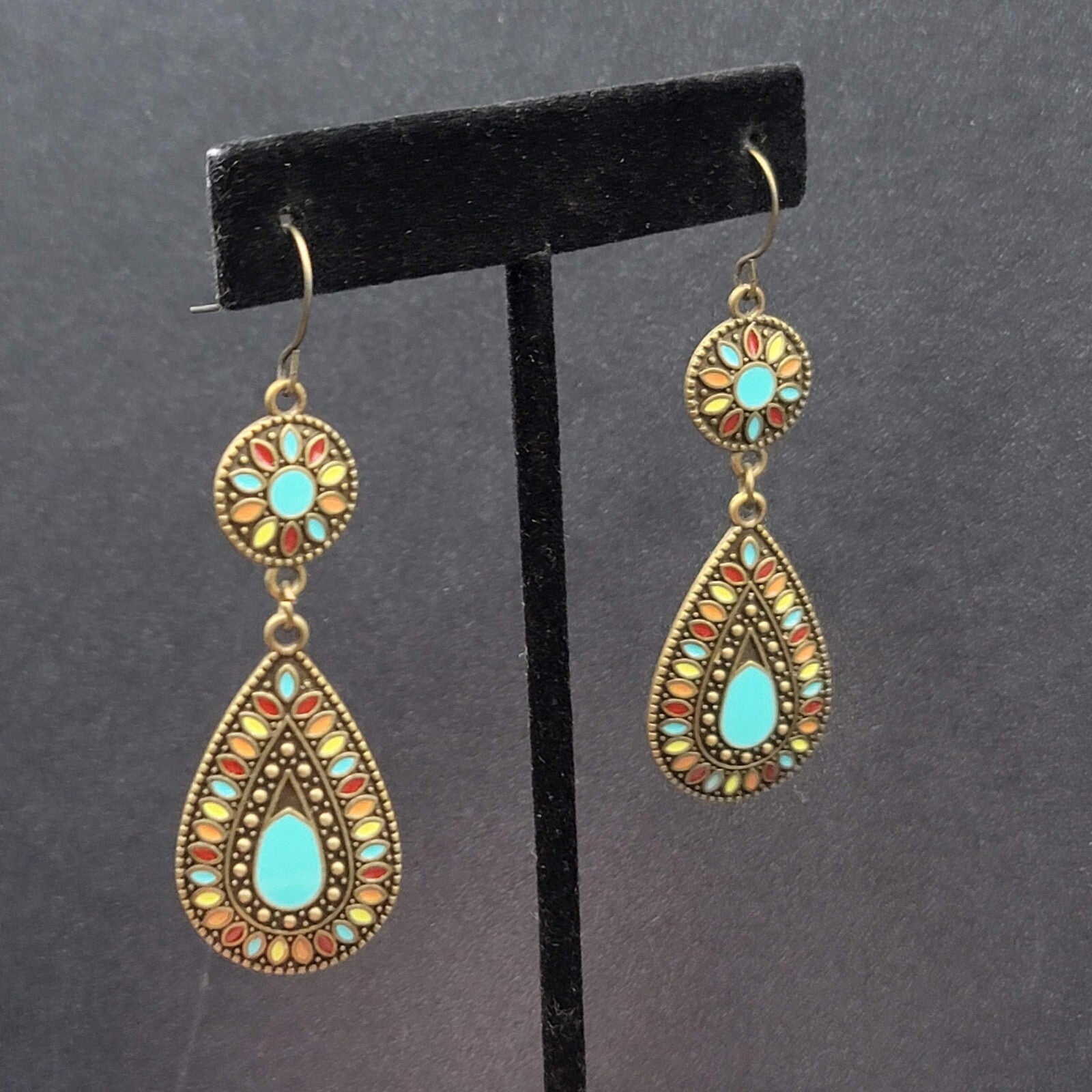 New Boho Pierced Earrings Multicolor Enamel Round Teardrop Blue Dangle 2.25"