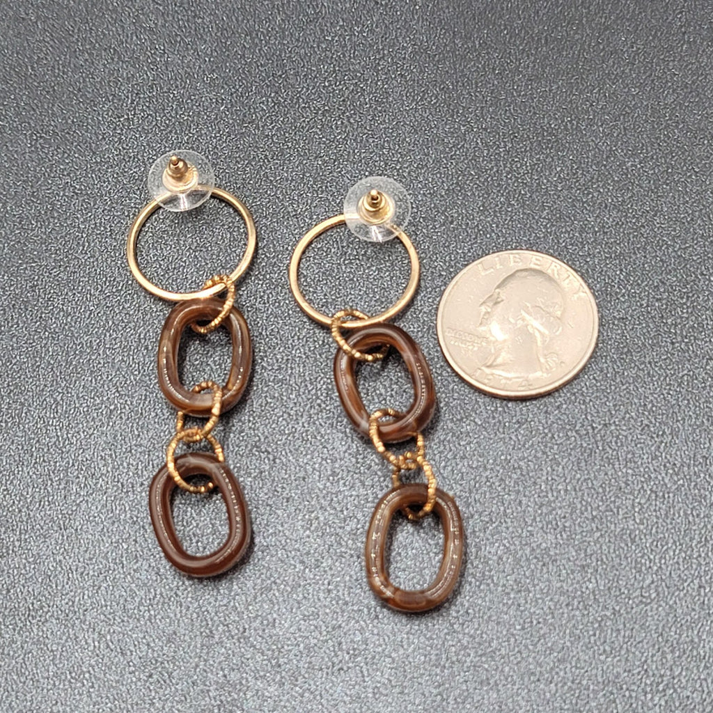 Pierced Earrings Gold tone Brown Swirl Acrylic Hoops Lightweight 2.75"