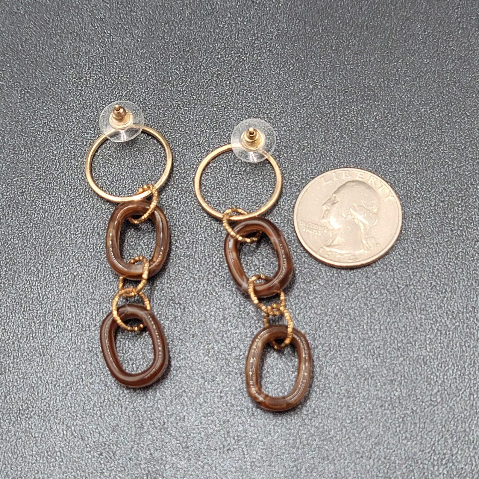 Pierced Earrings Gold tone Brown Swirl Acrylic Hoops Lightweight 2.75"