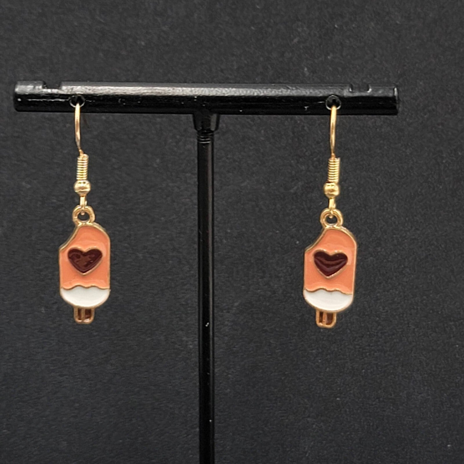 Heart Ice Cream Popsicle Pierced Earrings Pink Enamel Dangle New 3/4"