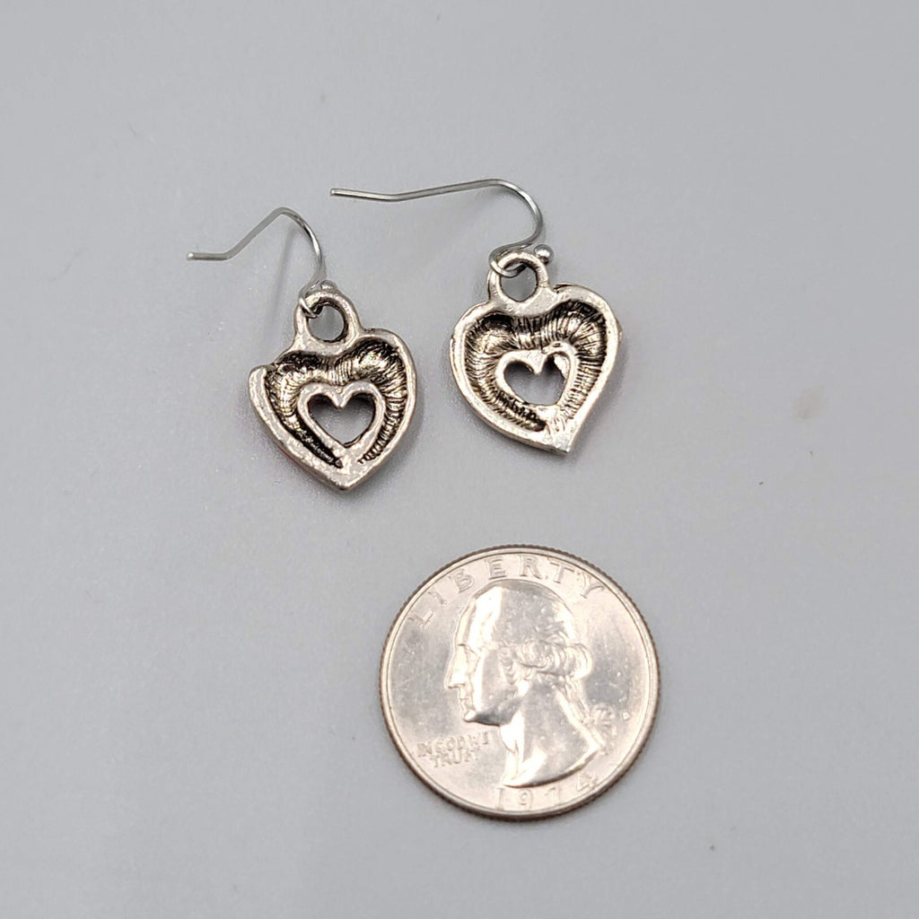 Heart Pierced Earrings Silver tone Red Enamel Dangle 5/8"