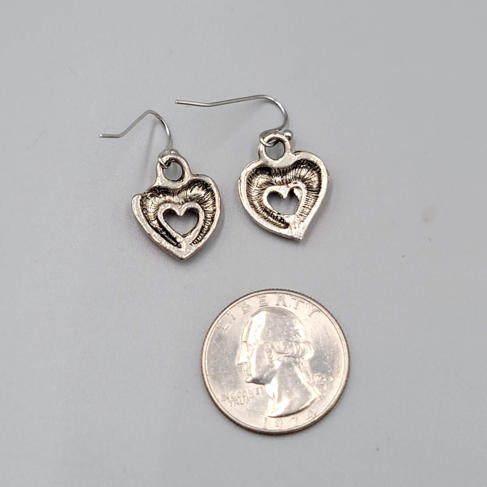 Heart Pierced Earrings Silver tone Red Enamel Dangle 5/8"
