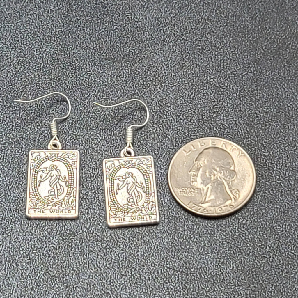 The WORLD Tarot Card Pierced Earrings Silver tone 1"