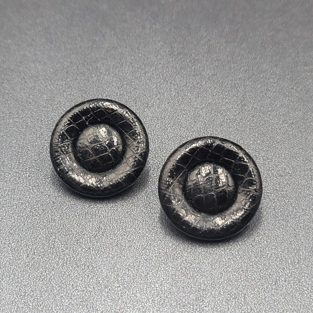 Vintage Pierced Earrings Faux Snake Skin Black Button Studs 1 1/8"