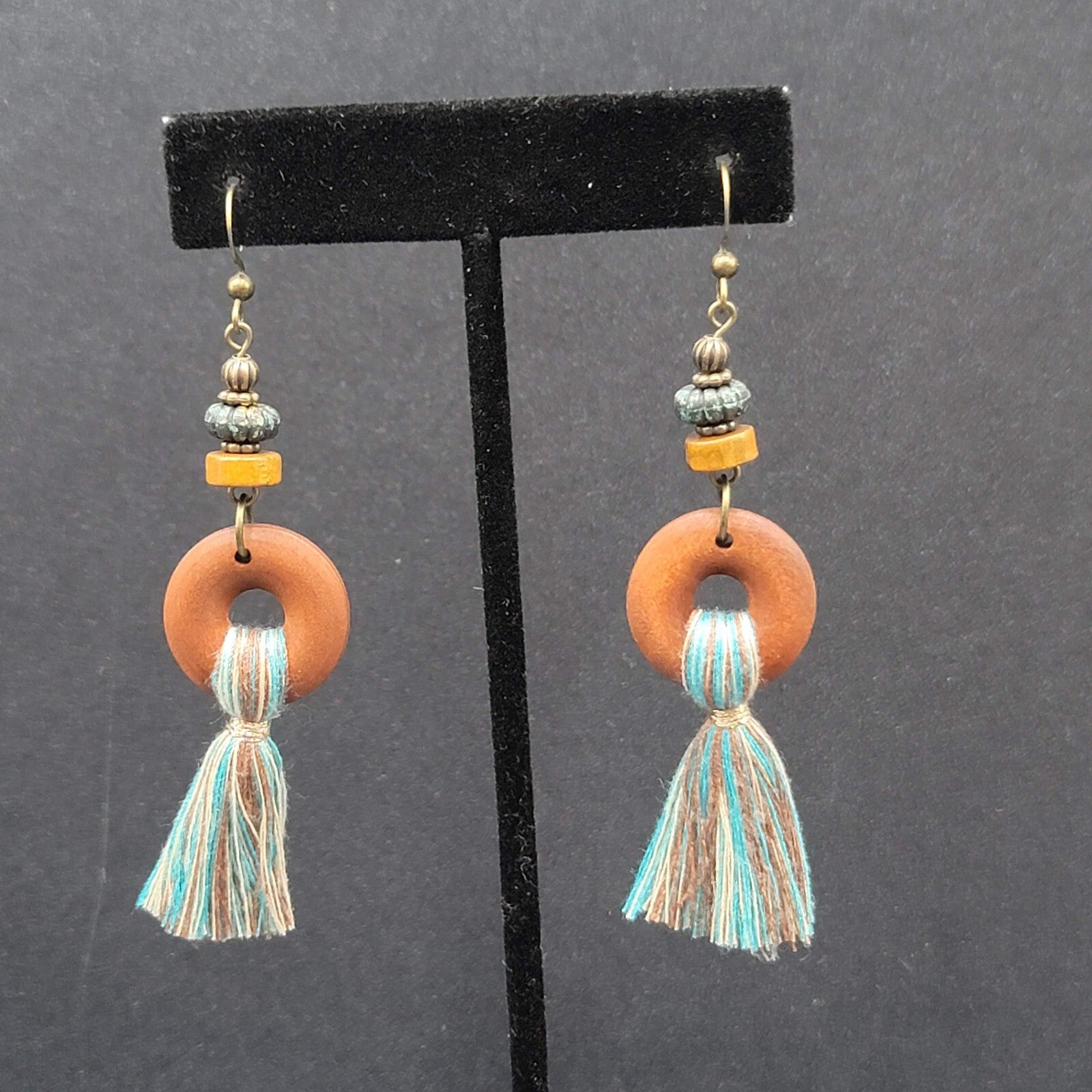 New Boho Pierced Earrings Wood Ring Blue White Tassel Beaded Dangle 2.75"