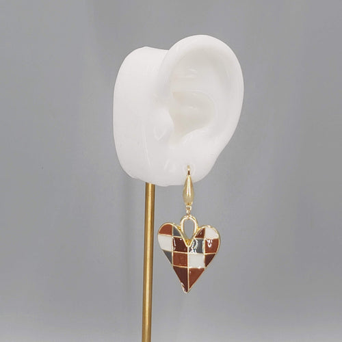 Brown Enamel Checkered Heart Pierced Earrings Gold tone Dangle Large 1.5"