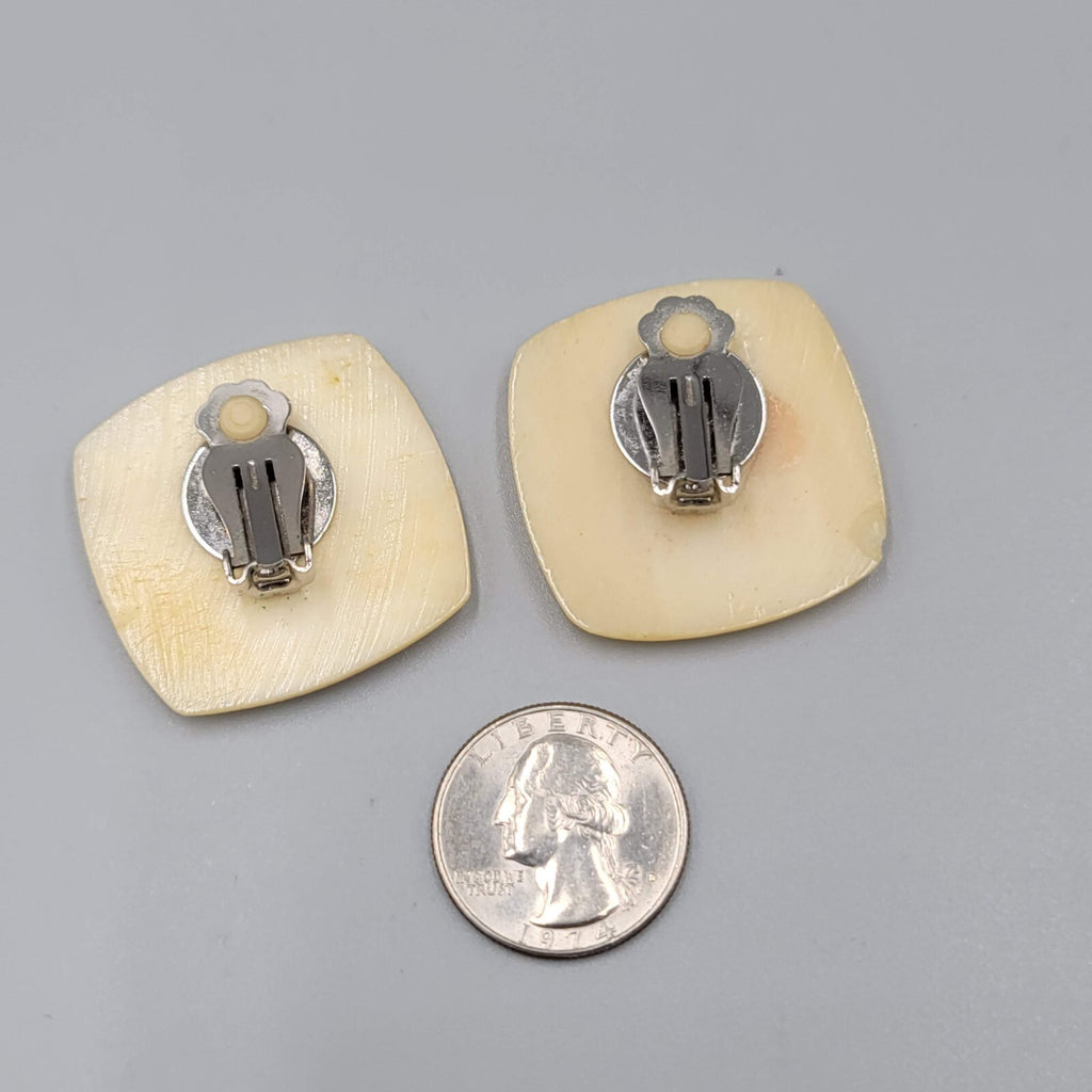 Vintage Clip on Earrings Hand Carved Checkered Square Drop 1.25"