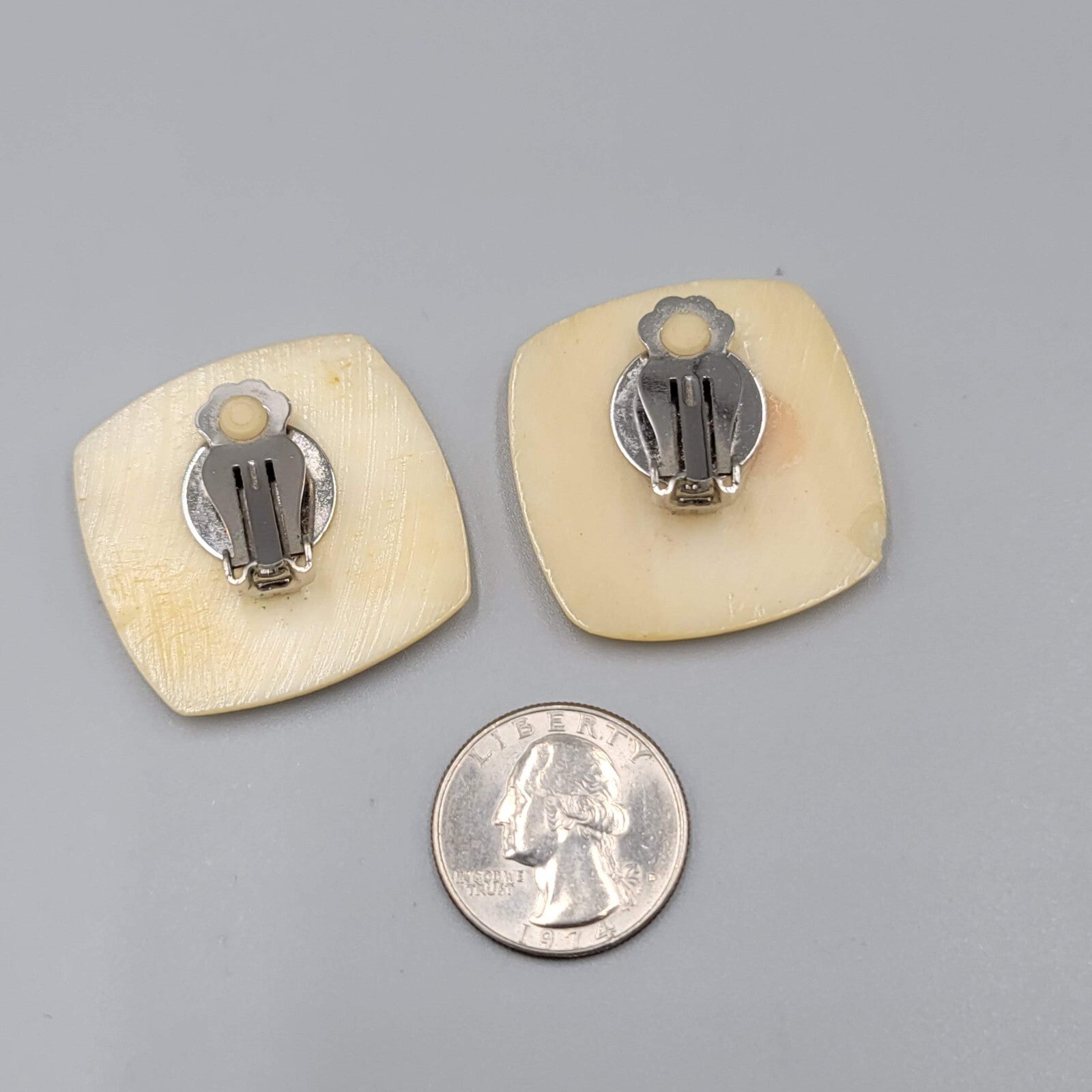 Vintage Clip on Earrings Hand Carved Checkered Square Drop 1.25"