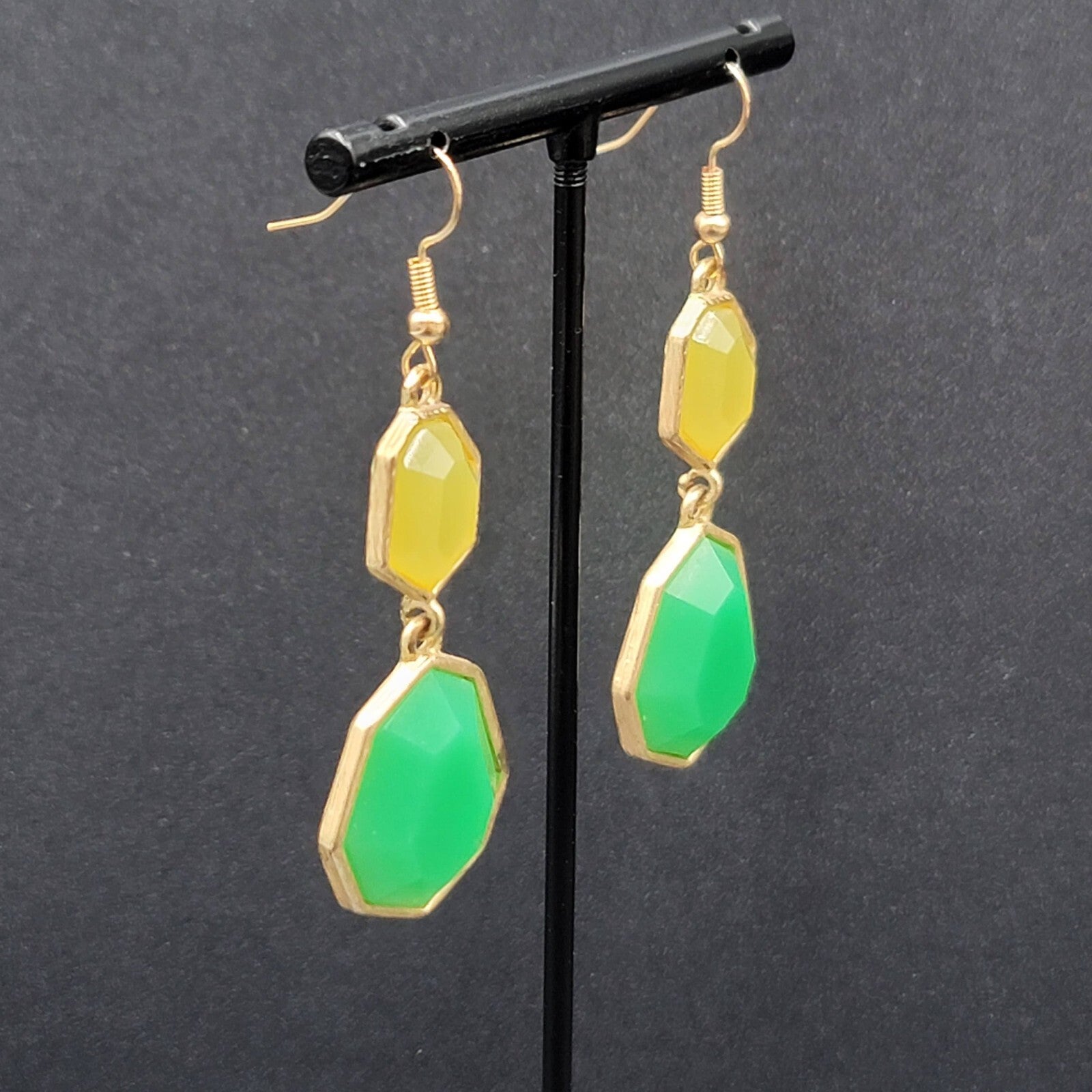 Pierced Earrings Gold tone Green Yellow Acrylic Dangle 1.75"