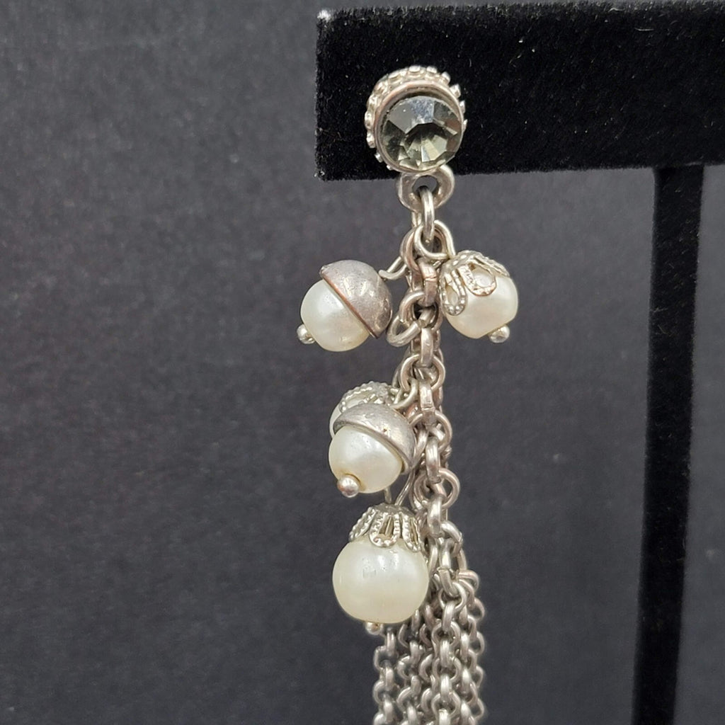Pierced Earrings Long Multi Chain Faux Pearl Silver tone Dangle 3.25"