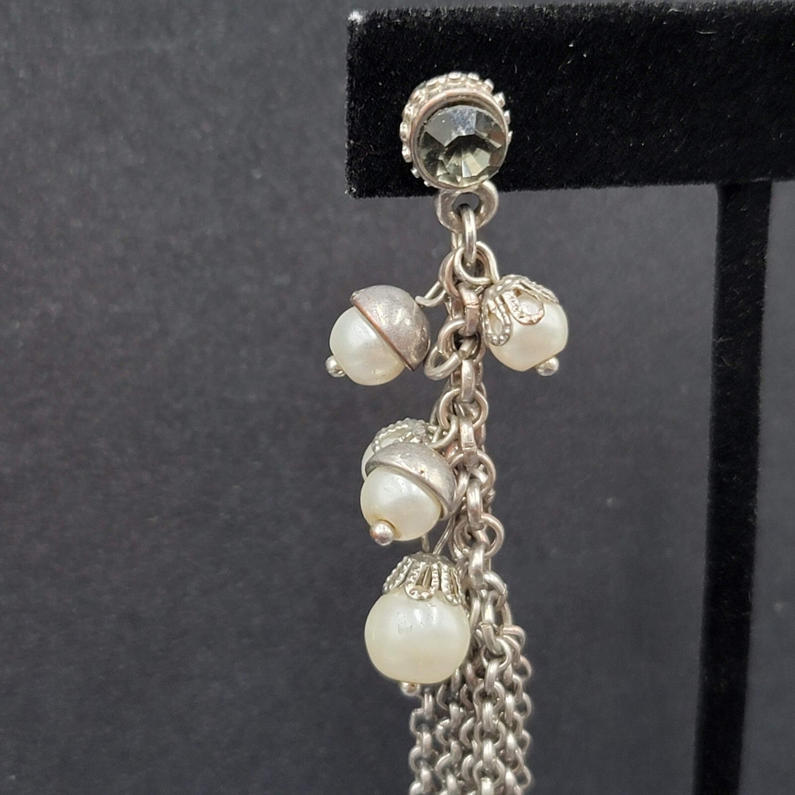Pierced Earrings Long Multi Chain Faux Pearl Silver tone Dangle 3.25"