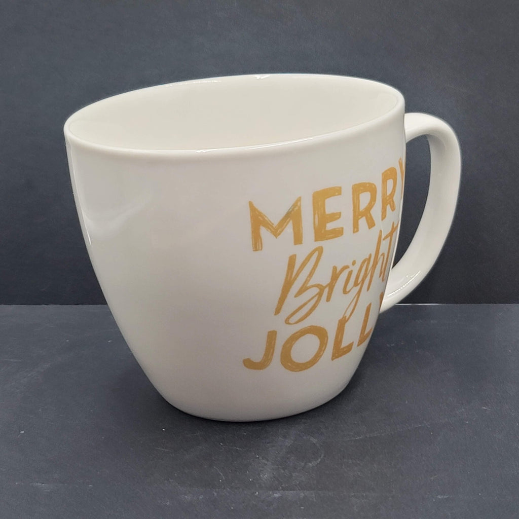 STARBUCKS Merry Bright Jolly Christmas White Gold 2016 Large Coffee Mug 20oz