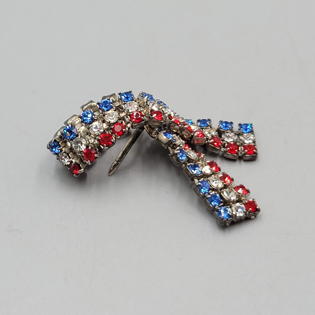 Vintage Red White Blue Prong Set Rhinestone Patriotic Ribbon Lapel Pin 1.5"