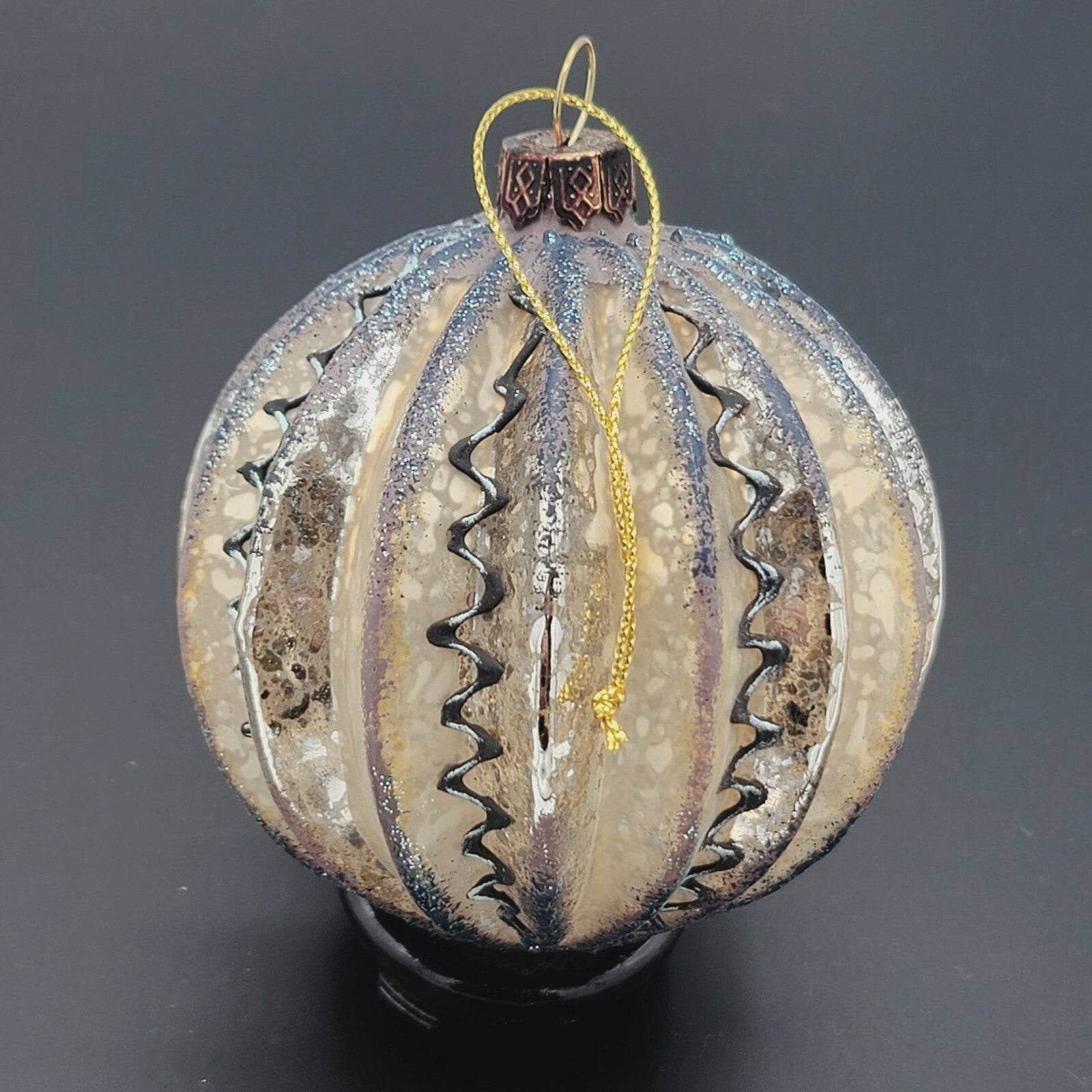 Vintage Blown Glass Silver Hand Painted Ribbed Ball Christmas Ornament 3"