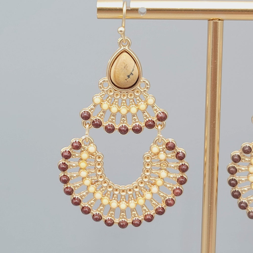 Boho Chandelier Pierced Earrings Gold toen Dangle Faux Stone 2"