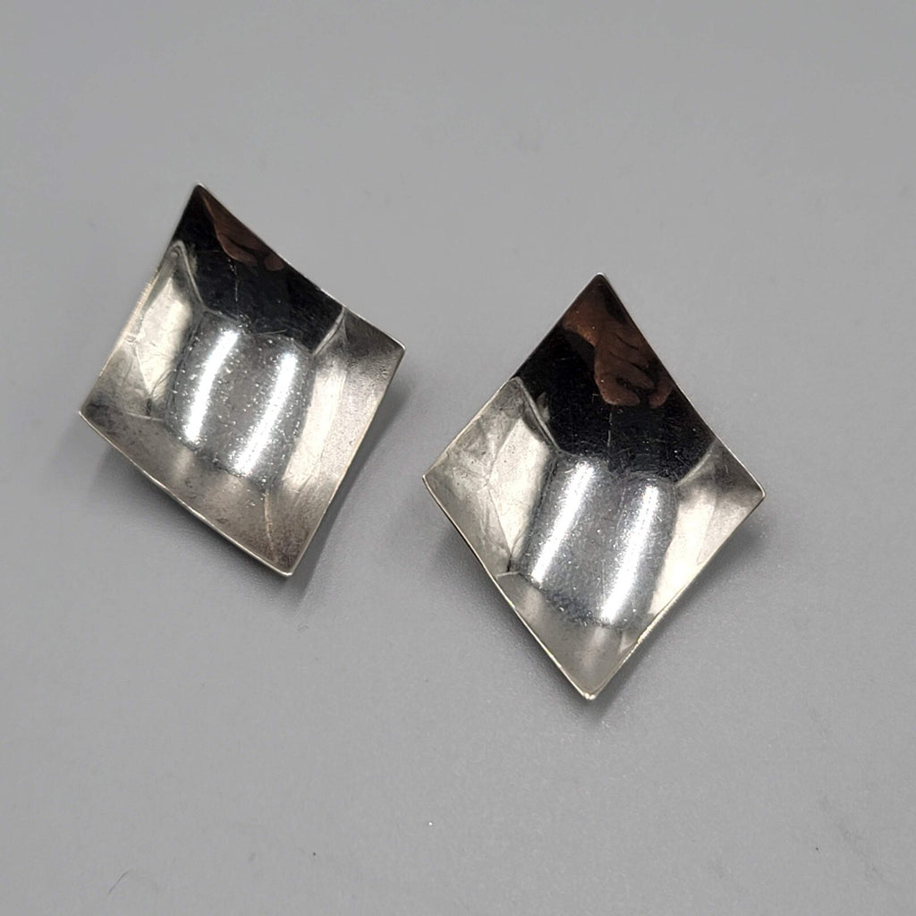 Vintage Clip on Earrings Diamond Curve Shape Silver tone Statement 1.25"