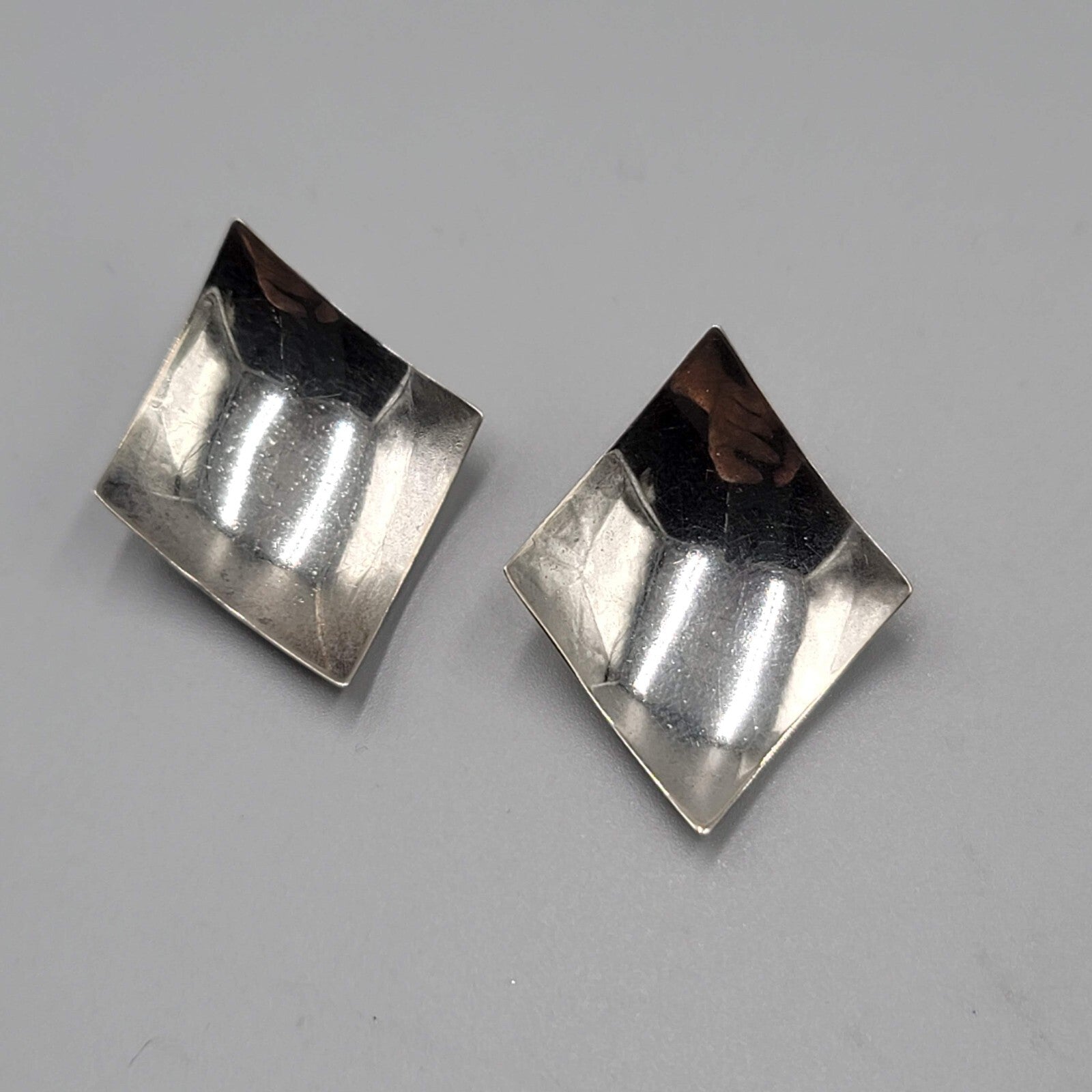 Vintage Clip on Earrings Diamond Curve Shape Silver tone Statement 1.25"