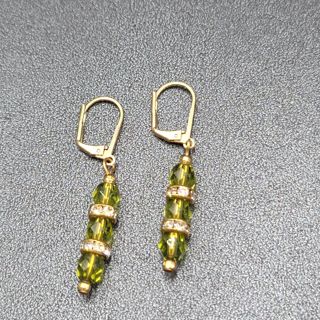Pierced Earrings Green Faceted Bead Rhinestone Spacers Dangle 1.25"