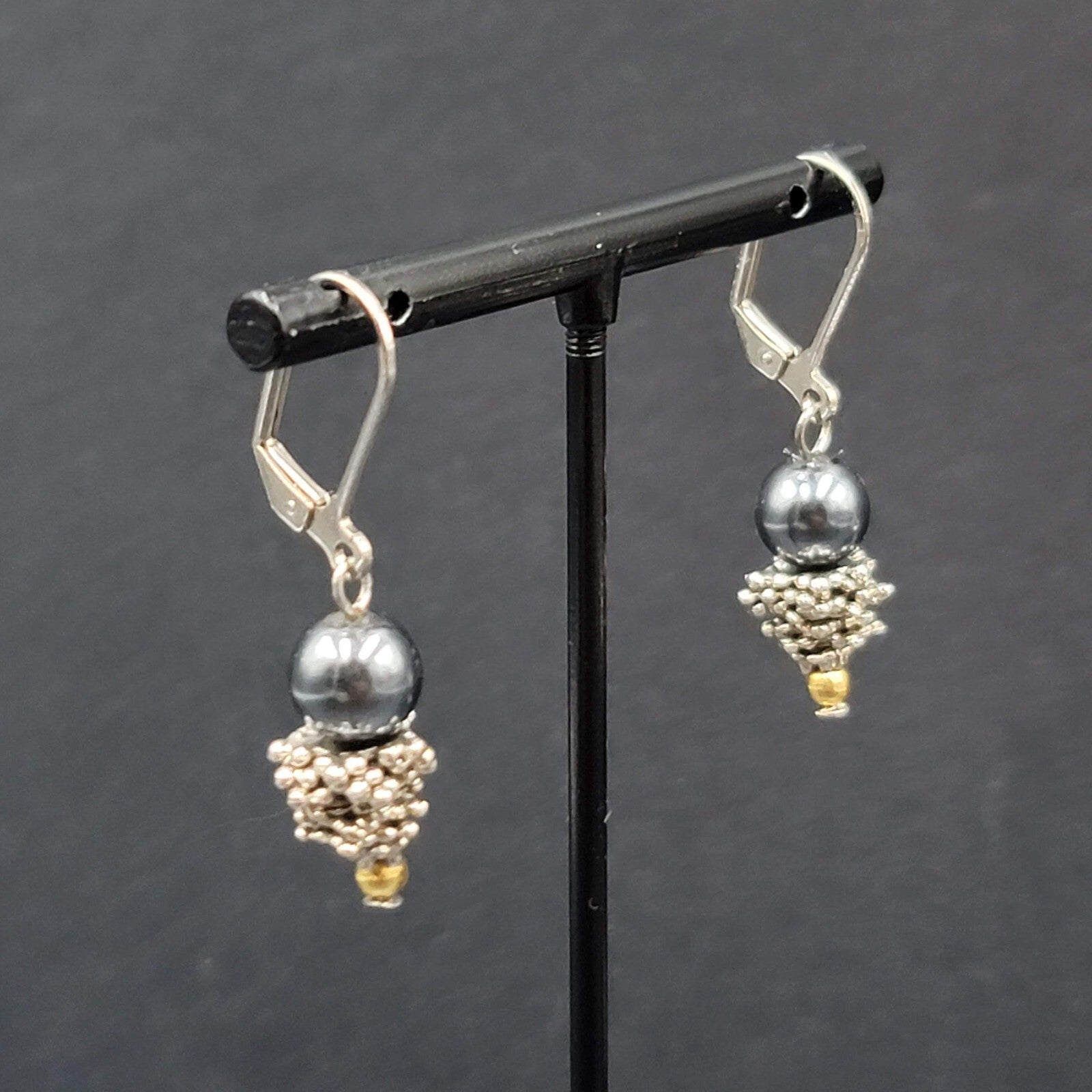 Pierced Earrings Silver tone Black Bead Dangle  7/8"
