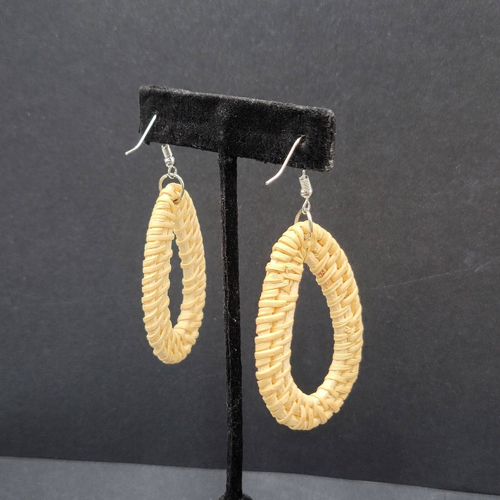 Pierced Earrings Rattan Open Teardrop Dangle Silver tone Hook 2.25"
