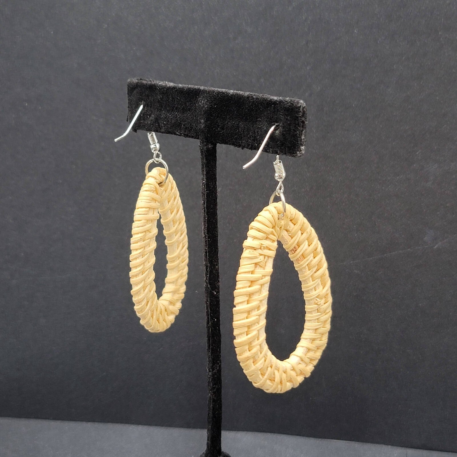 Pierced Earrings Rattan Open Teardrop Dangle Silver tone Hook 2.25"