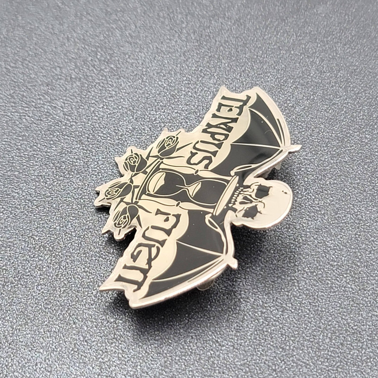 Tempus Fugit Time Flies Lapel Pin Black Silver Oddity Goth Punk Rock