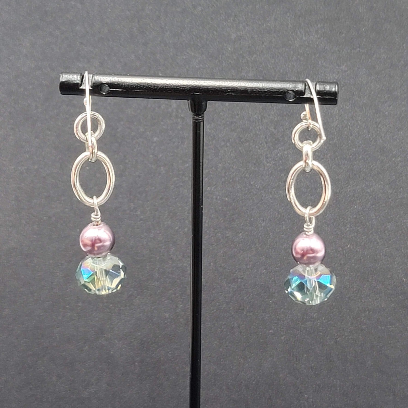 Pierced Earrings Silver tone Blue Crystal Pearl Beaded Dangle 1.75"