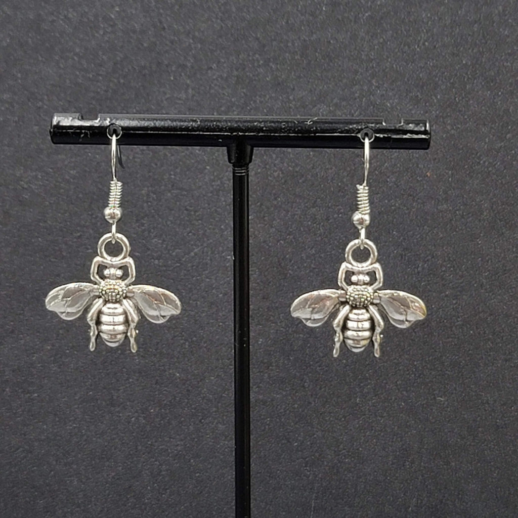 Flying Bee Pierced Earrings Silver tone Dangle 3/4"