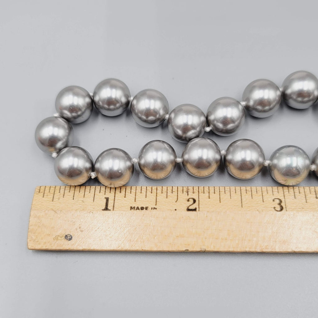 Silver tone Gray Bead Hand Knotted Necklace 12mm Bead 16" Long 