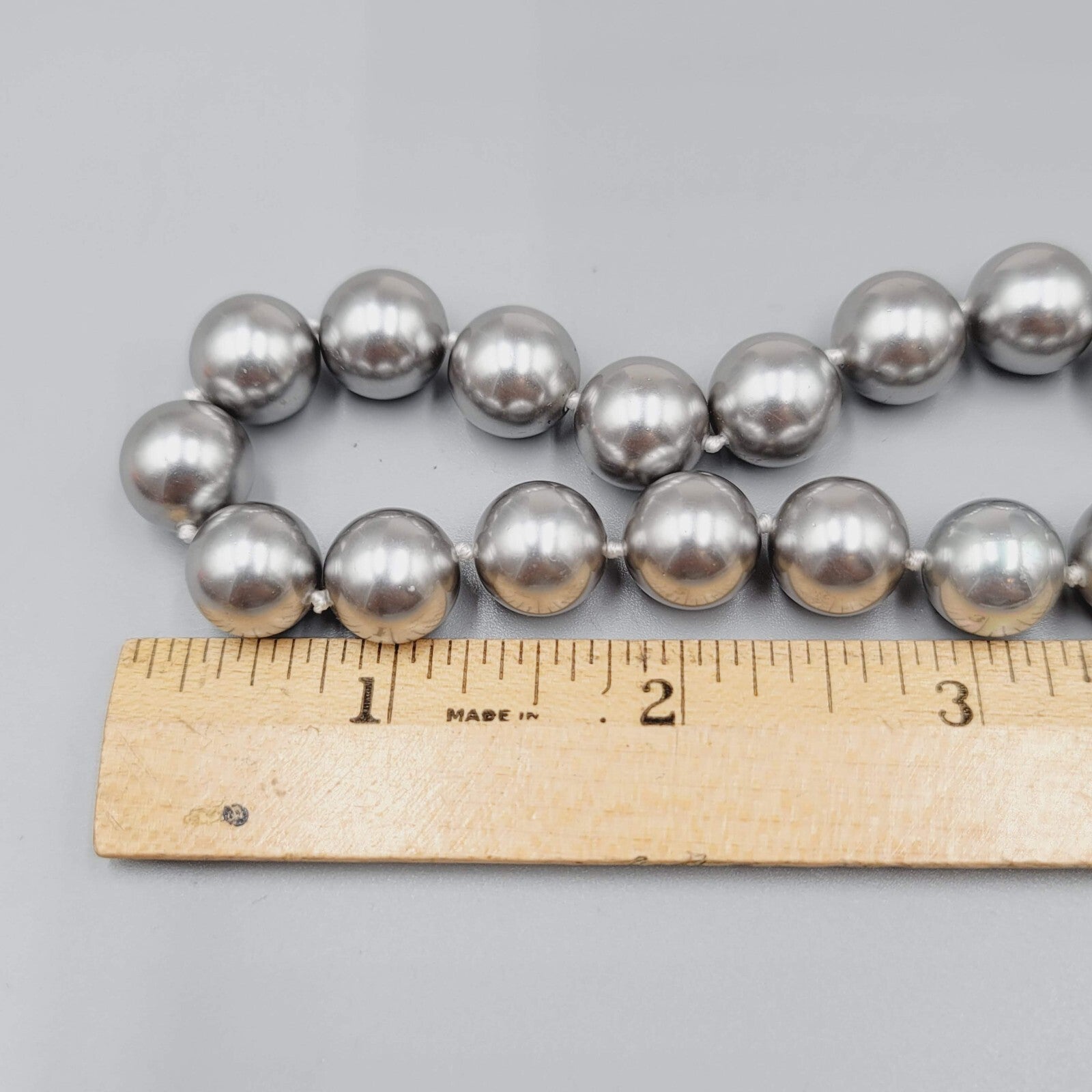Silver tone Gray Bead Hand Knotted Necklace 12mm Bead 16" Long 