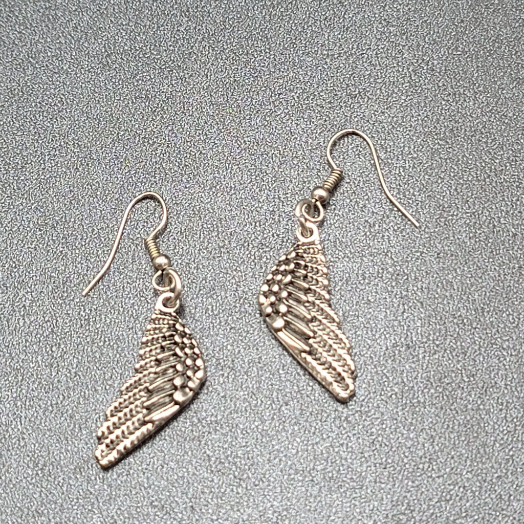 Pierced Earrings Silver tone Detailed Wings Dangle 1 1/8"