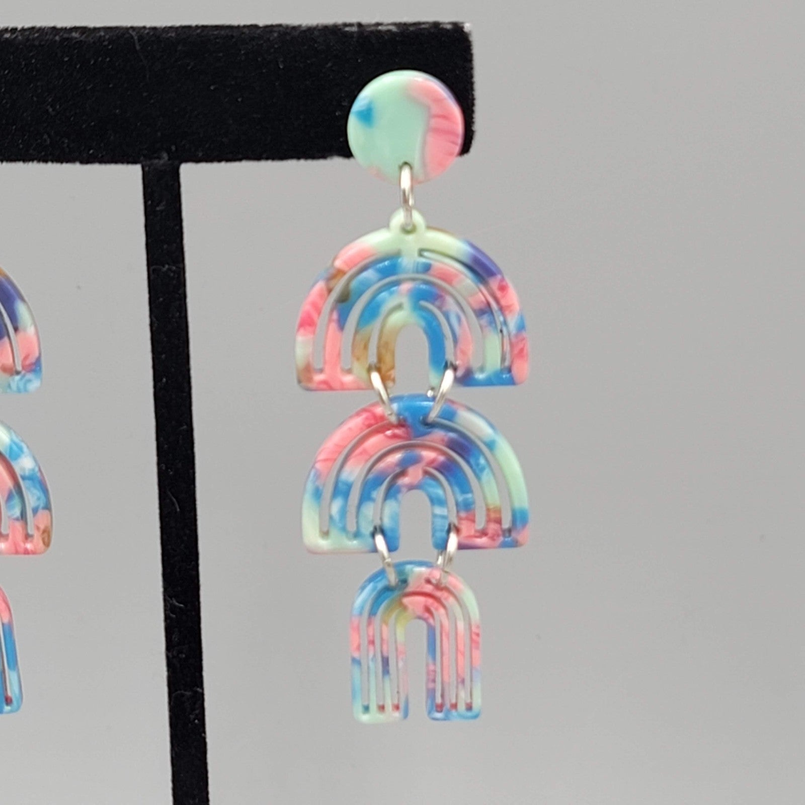 Statement Blue Pink Dangle Pierced Earrings 2.75"
