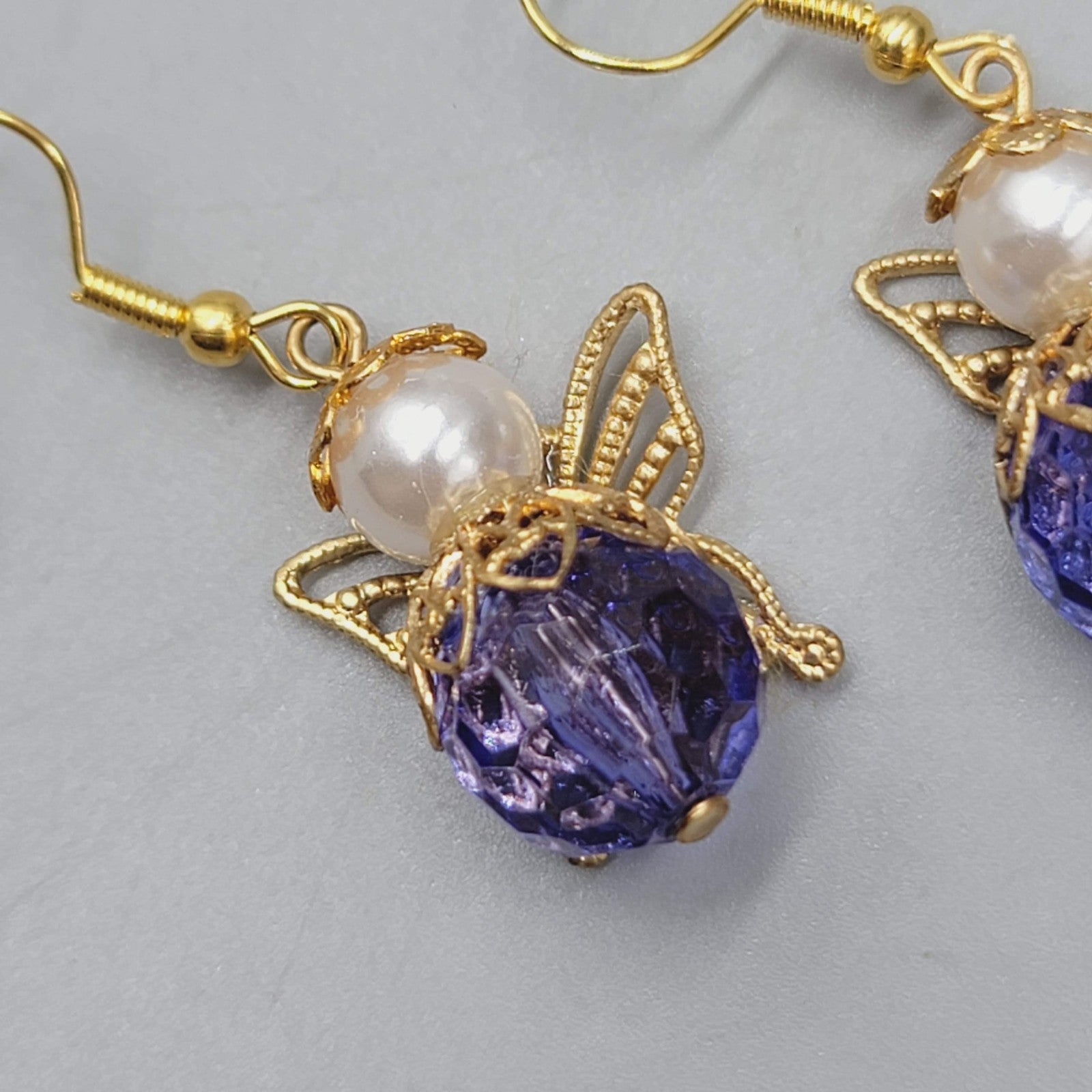 Vintage Angel Pierced Earrings Purple bead Gold tone Dangle  1"