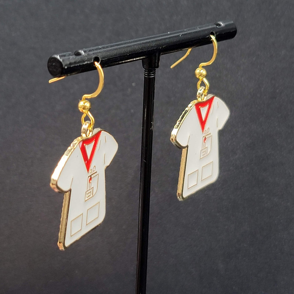 Nurse Scrub Top Pierced Earrings Red White Enamel Gold tone Dangle 1"
